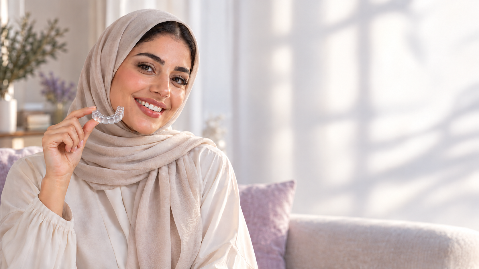 A smiling Saudi woman holding a clear retainer between her thumb and index finger